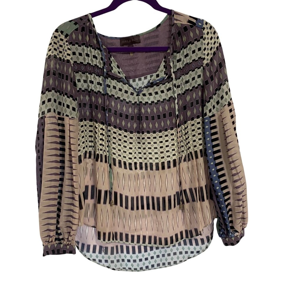 Hale Bob Purple‎ Geometric Balloon Sleeve Silk Blouse Size XS